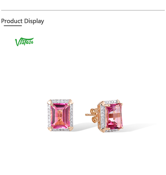 [NVDM] VISTOSO Pure 14K 585 Rose Solitaire Stud Earrings For Women Sparkling Diamond Pink Topaz Elegant Rectangle Fine Wedding Jewelry ☆