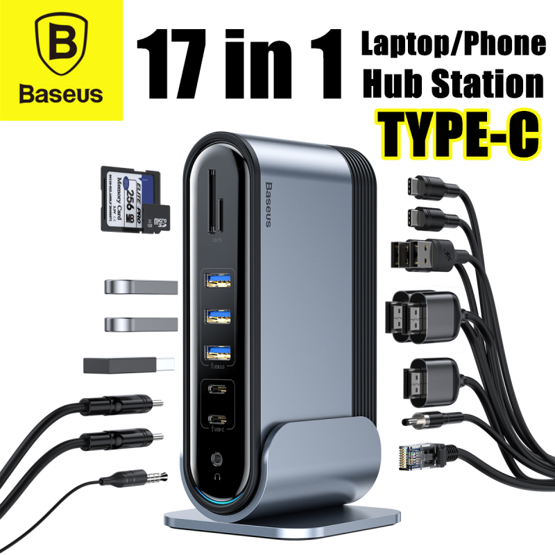 BASEUS 17-in-1 Type-C Hub Station For Laptop Phone HDMI/RJ45/USB/SD/TF/3.5mm Audio Jack/PD Hub Converter UK 3 PIN Adapter Set