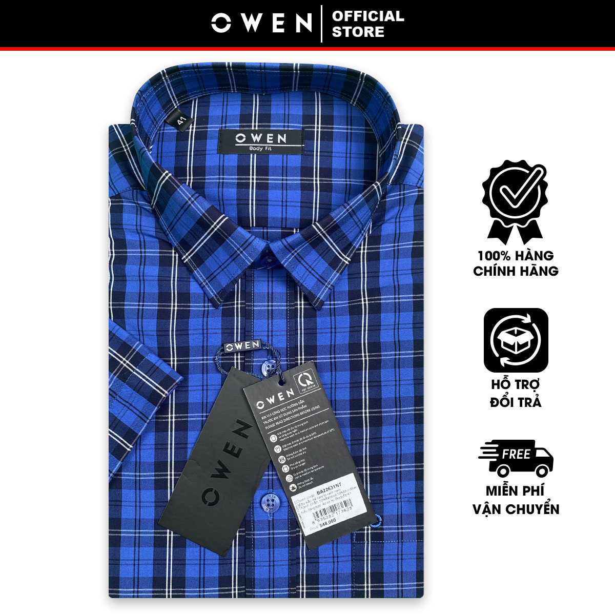 OWEN SALE - Áo Sơ Mi Owen Tay Ngắn Màu Xanh Navy  Họa Tiết Caro Form Body Fit Lai Ngang Chính Hãng