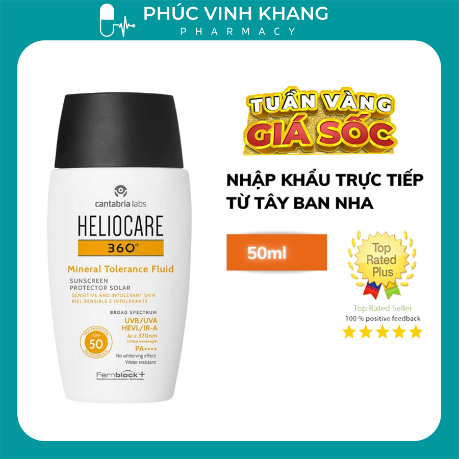 Kem chống nắng Heliocare 360 Mineral Tolerance Fluid SPF50 PA++++ 50ml | KCN Tây Ban Nha phổ rộng, c