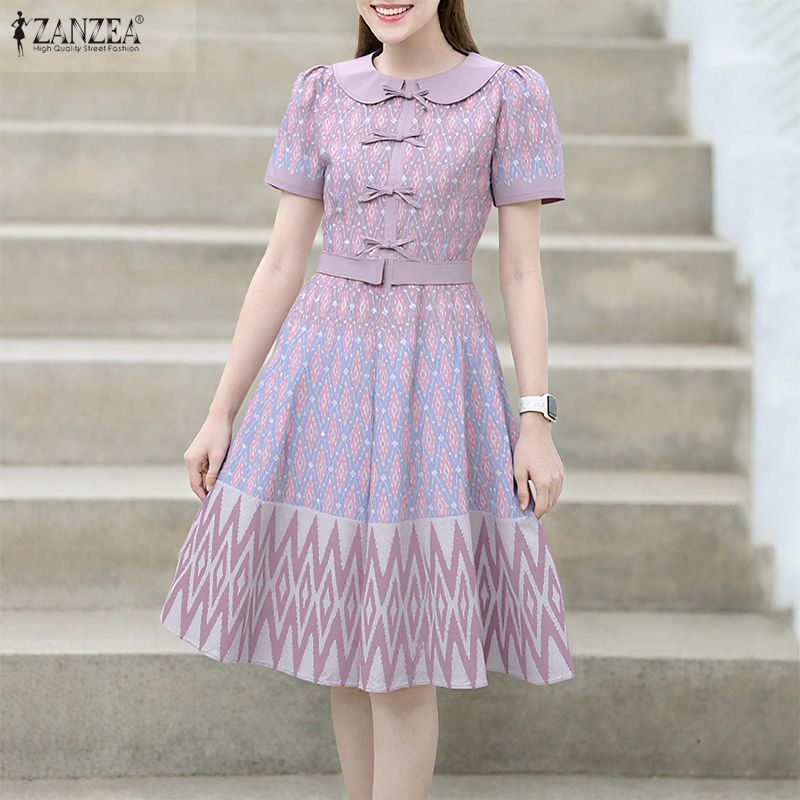 (3 Days Delivery) ZANZEA Korean Style Women Retro Knee length Party Long Dresses Doll Collar Raglan Sleeve Buttons Floral Print Robe #F ราคา 311 บาท*ส่งฟรี