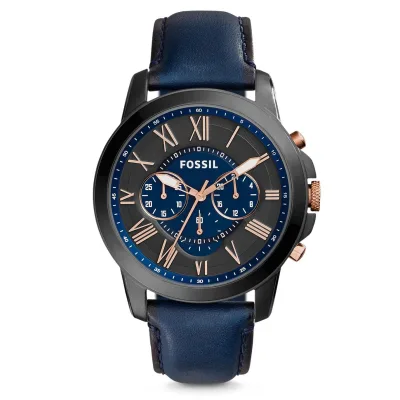 [Preorder]Fossil Grant Chronograph Black and Blue 43mm Dial Navy Leather Strap Mens Watch FS5061