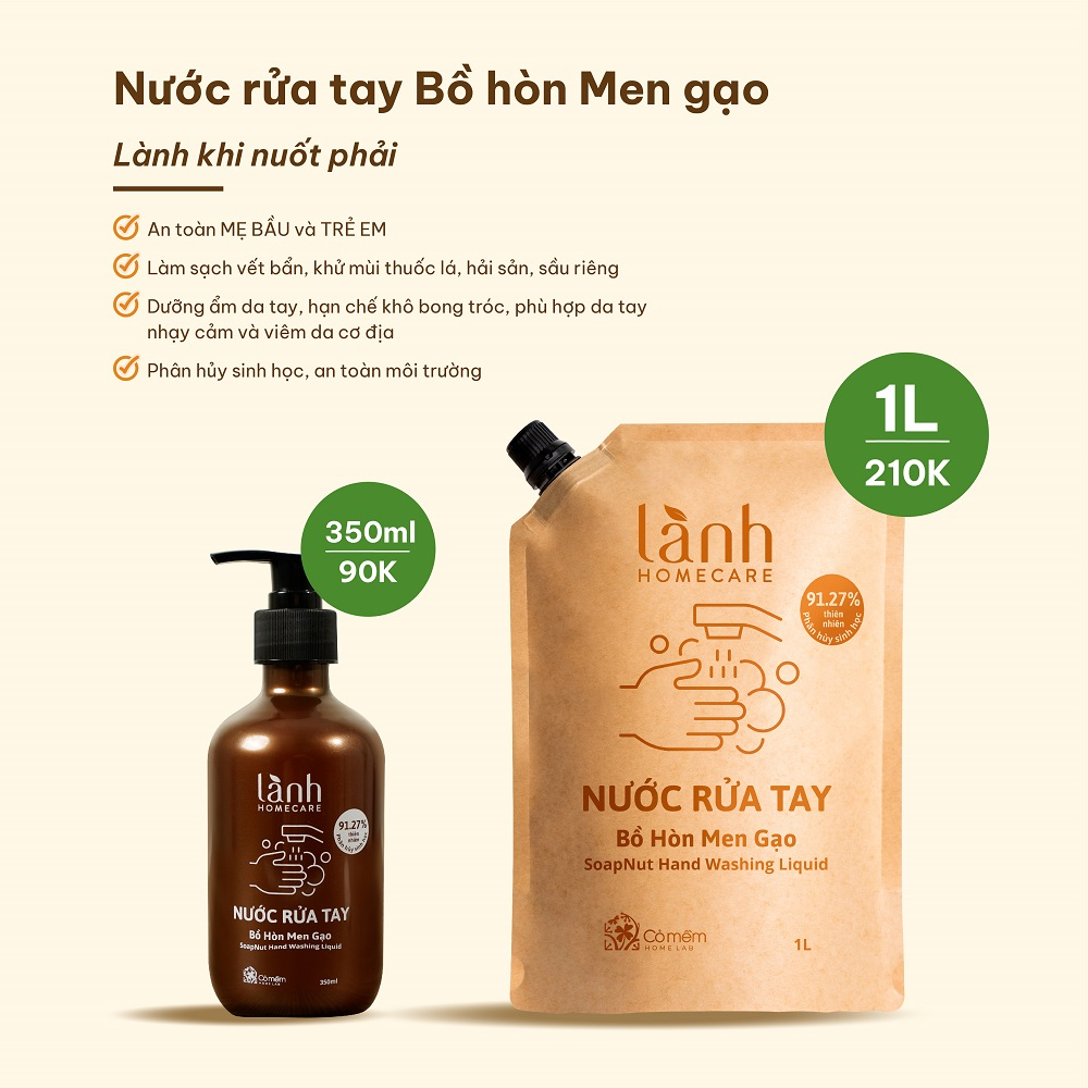 Nước rửa tay bồ hòn men gạo túi 1l lành homecare