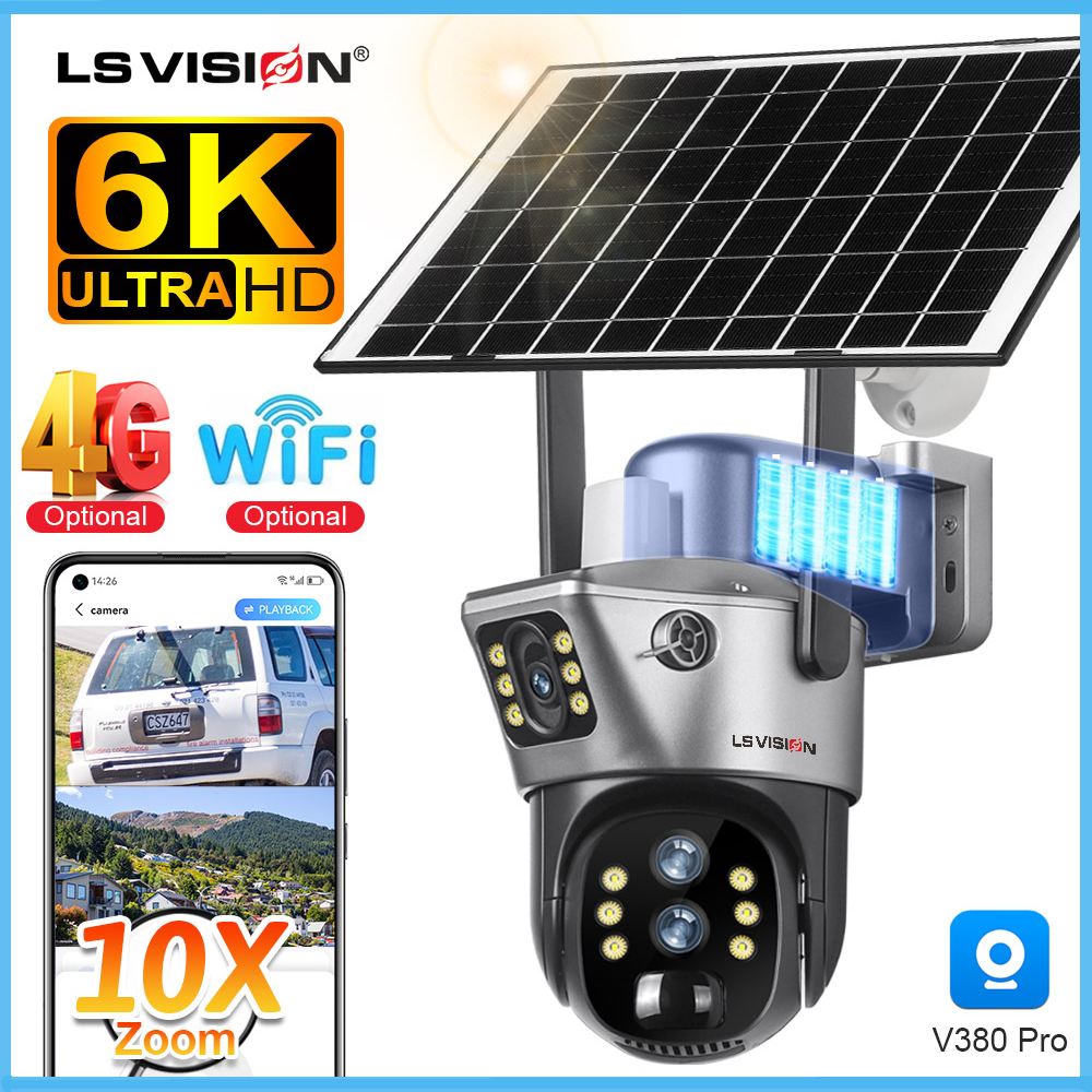 LS VISION V380 6K 12MP Wifi/4G Dual Screens 10X Zoom Solar CCTV Camera Wireless Full Color Night Vision PTZ Security Camera IP66 Outdoor Waterproof PIR +AI Detection Two Way Audio IP Cameras ราคา 2,430 บาท*ส่งฟรี