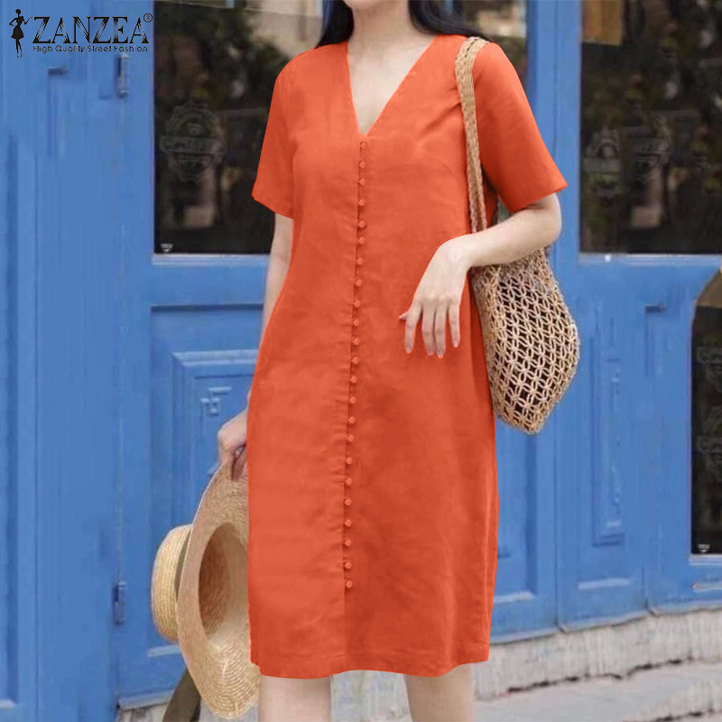 Váy phong cách Hàn Quốc nữ ZANZEA Đầm Xòe Cổ Chữ V Một hàng khuy tay ngắn đơn giản Đầm midi trơn #8