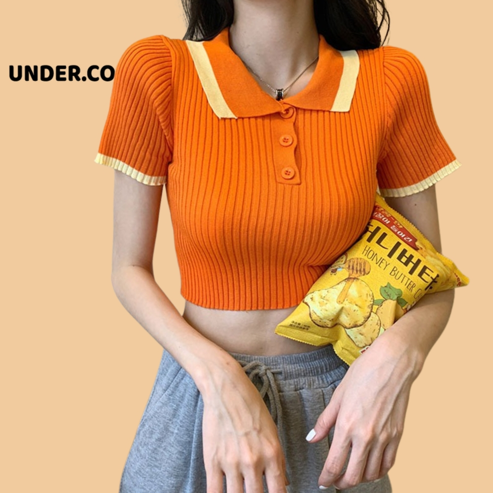 Áo Croptop Nữ Cổ Polo Len Nữ Mongtoghi Cộc Tay Cổ Phối Viền chất len tăm mỏng co dãn phong cách trẻ 