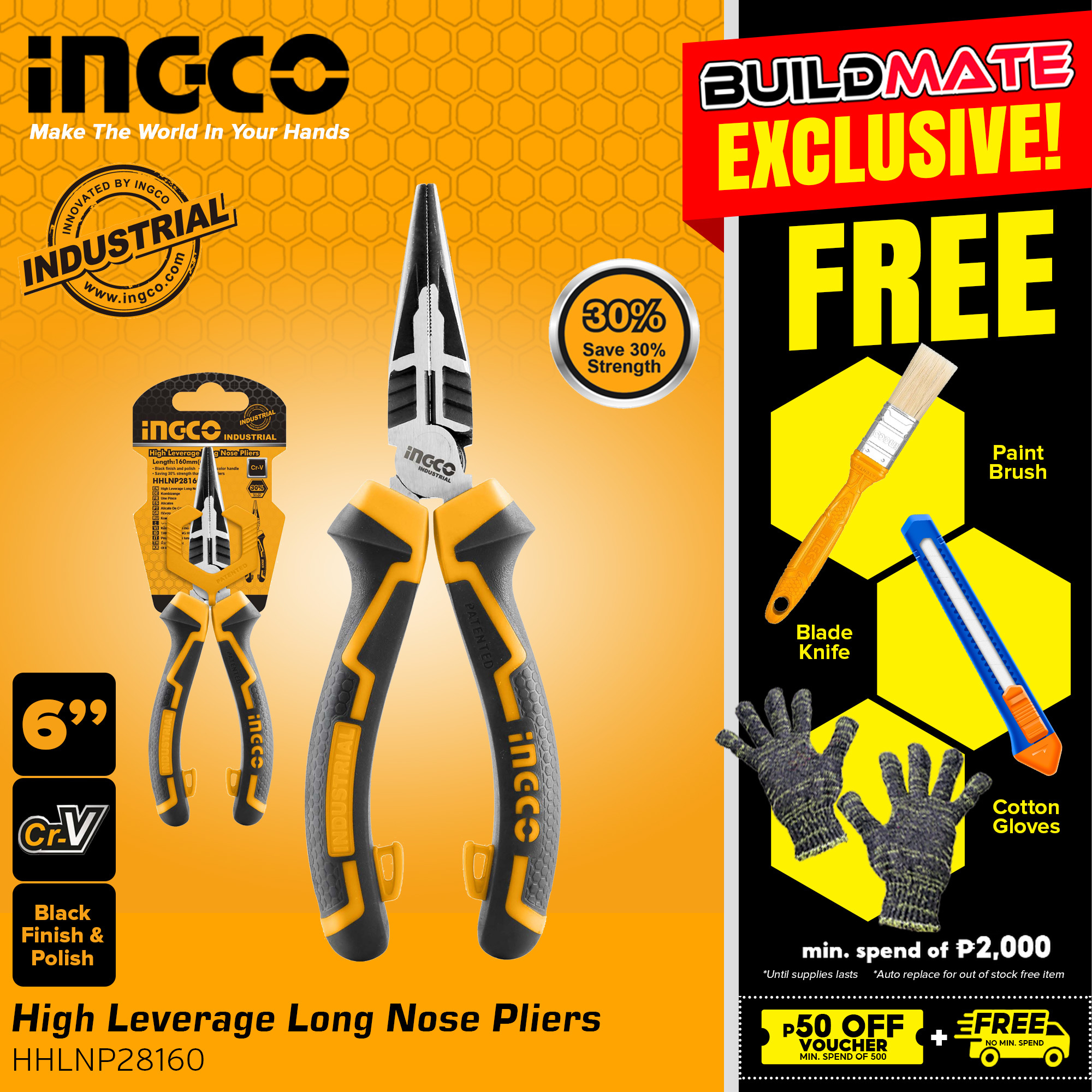 BUILDMATE Ingco High Leverage Combination Pliers 9.5