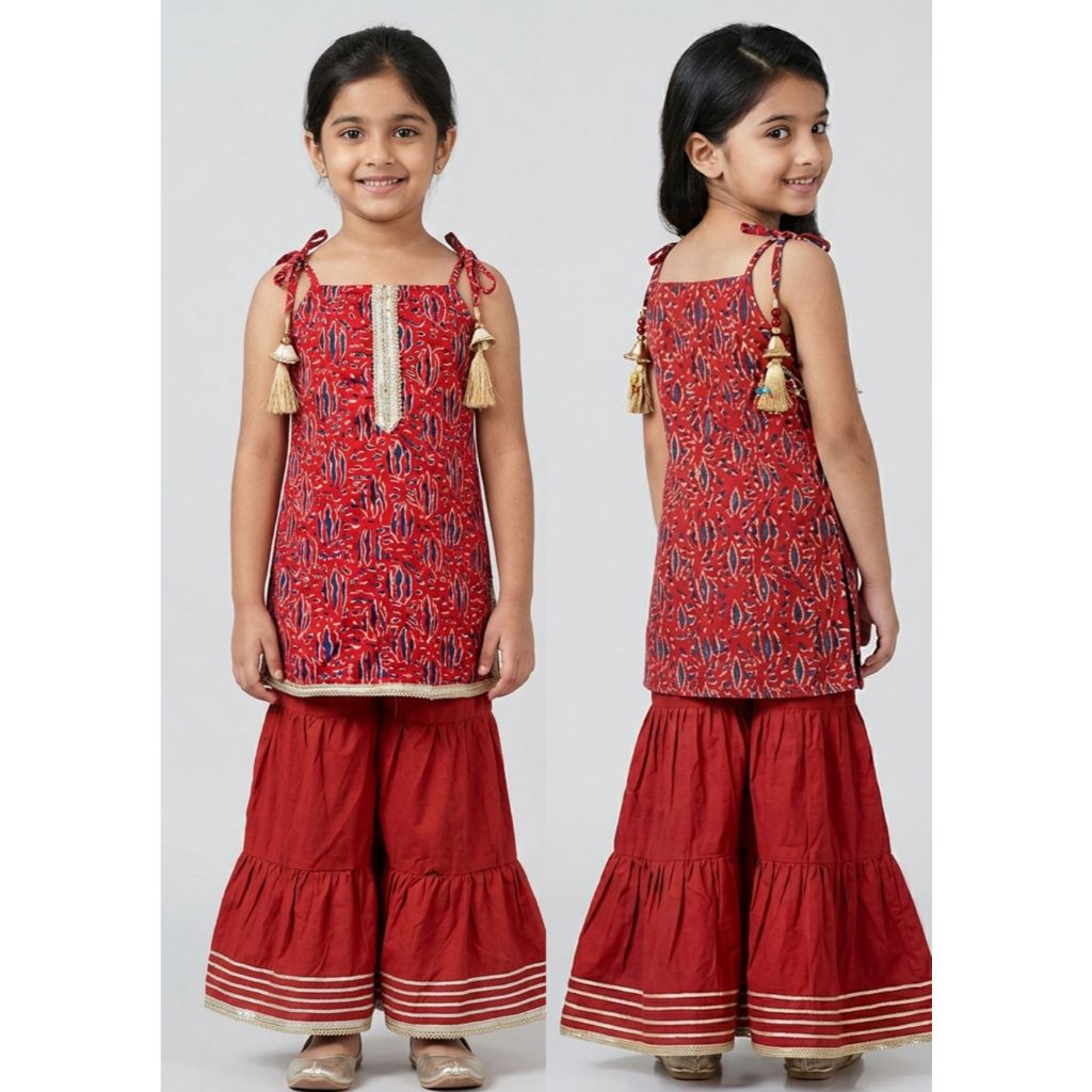 DEBAYU Girls Sleeveless Cotton Kurti with Sharara Set [Size 16 to 28] Malaysia