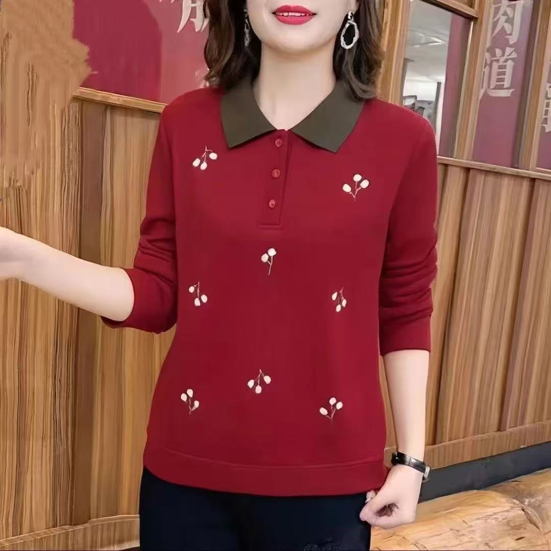 Áo thun nữ dài tay TRUNG NIÊN dáng rộng cổ áo polo