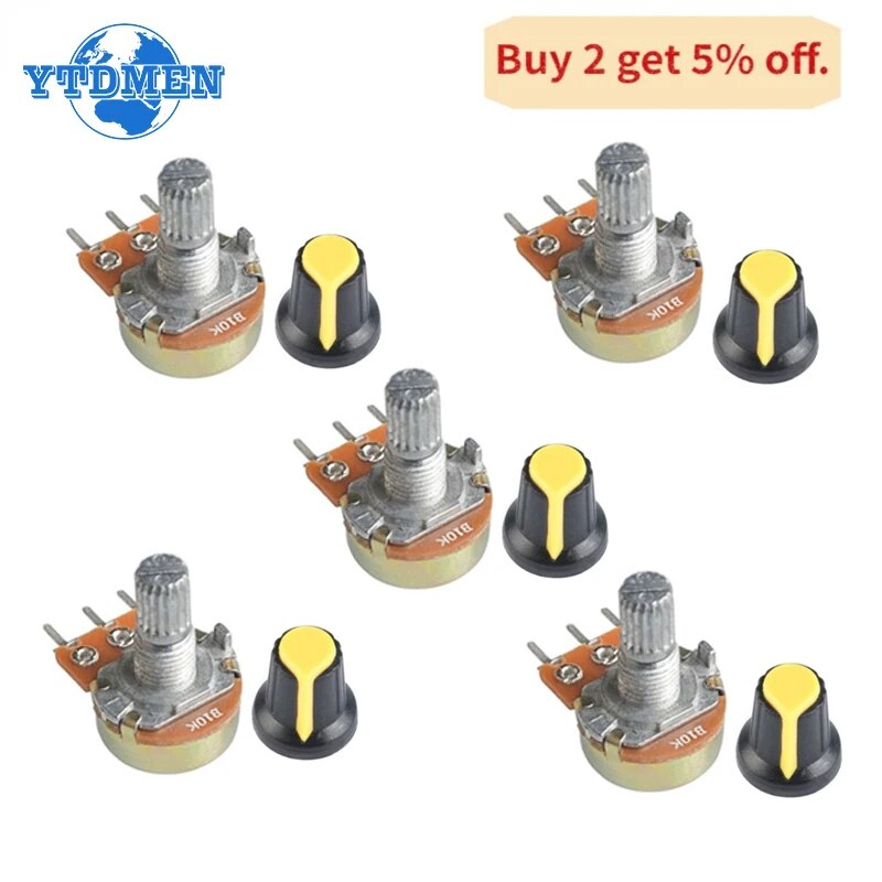 【The-Best】 5 Set Wh148 Potentiometer 1k 10k 20k 50k 100k 250k 500k 15mm 3pin Linear Taper Rotary Pot