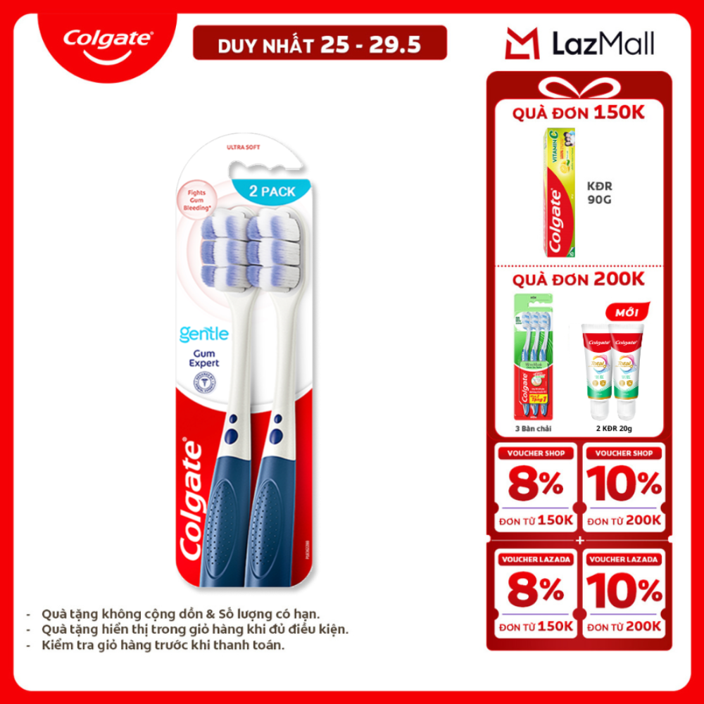 [Chỉ 25-29.5_X2 Voucher giảm 20%] Bộ 2 Bàn chải Colgate Gentle Gum Expert lông dày siêu mềm, ôm sát nướu, giảm chảy máu nướu