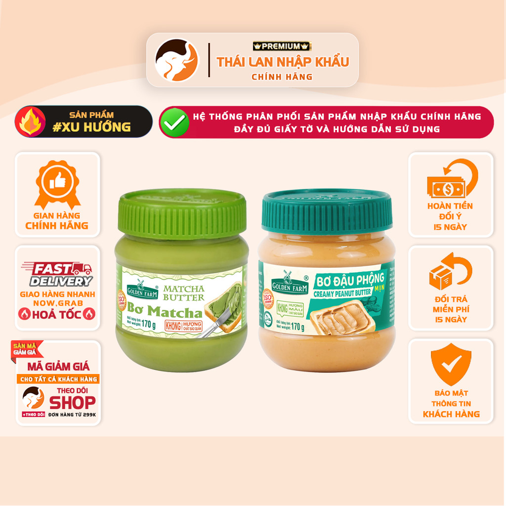 [SIZE 170gr] Bơ Đậu Phộng / Matcha Golden Farm – Hũ 170g – Sánh Mịn, Thơm Ngon