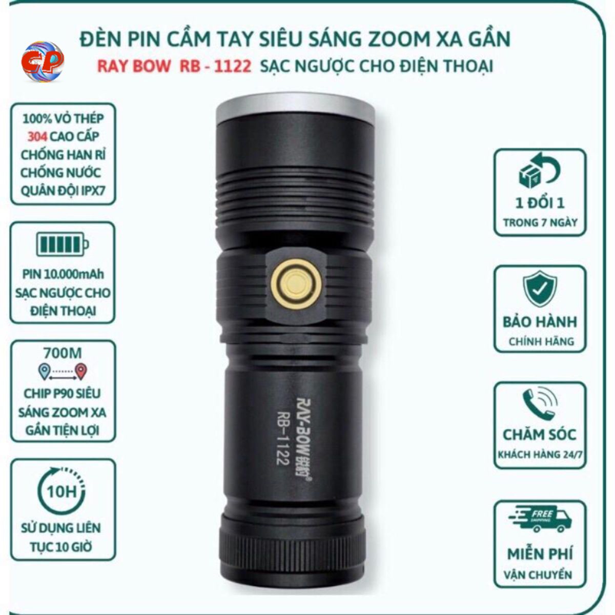 Đèn pin cầm tay siêu sáng RAY BOW 1122 chiếu xa 500 mét có ZOOM xa gần chống nước sạc ngược cho điện