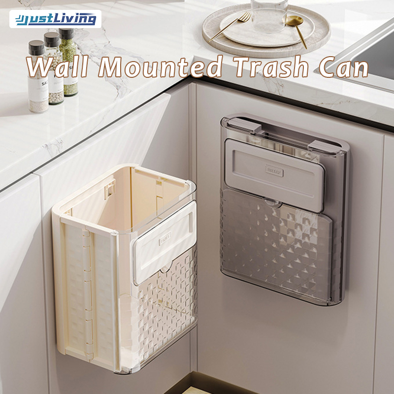 JustLiving Foldable Hanging Trash Can Kitchen Cabinet Door Wall Hanging Trash Bucket Toilet Waste Paper Bucket Collapsible Trash Can with Lid Office Rubbish Can Wall Mounted Powder Room Garbage Can ราคา 600 บาท*ส่งฟรี