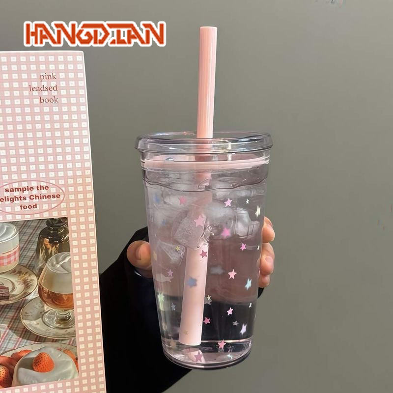 HANGDIAN Cute Star Printed Straw Cup with Lid for Everyday Use ราคา 66 บาท*ส่งฟรี
