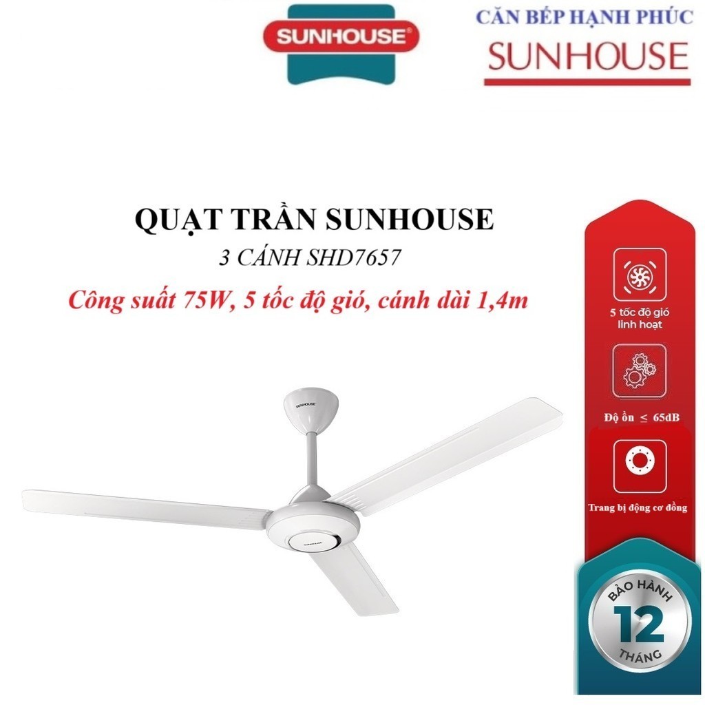 Quạt trần Sunhouse 3 cánh SHD7657, công suất 75W, đường kính cánh 1,4 mét, 5 cấp độ gió, Độ ồn khi hoạt động chỉ ≤ 65dB