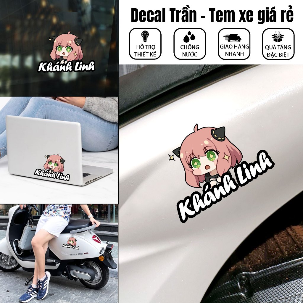 Ⅾecal dán xe mẫu hoạt hình hot, tem dán xe máy theo tên, tem dán xe in theo yêu cầu, tem dán xe oto,