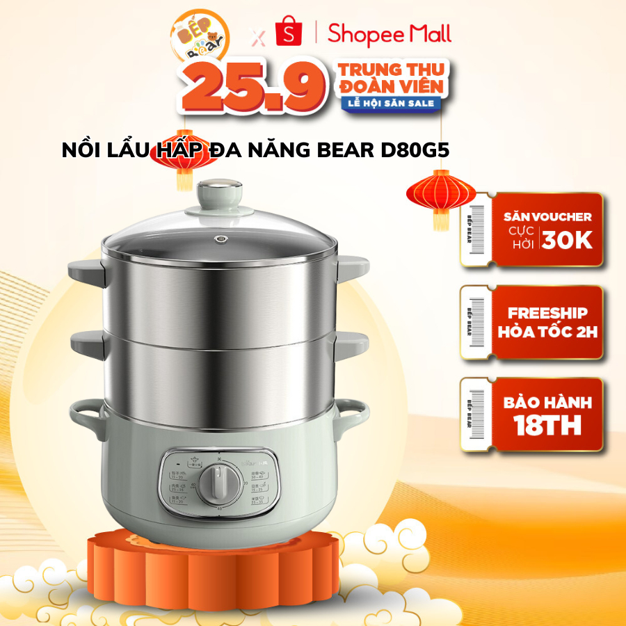 Nồi hấp và lẩu điện đa năng 10l bear dzg-d80g5, thiết kế 3 tầng, nồi hấp và nấu lẩu điện đa năng, nấu canh, nhúng rau, hấp bánh bao, bh 12 tháng.