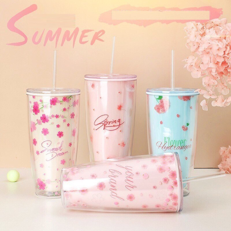 Ly Nhựa Hoa Anh Đào SAKURA 2 Lớp 750ml(Tặng Kèm Ống Hút)
