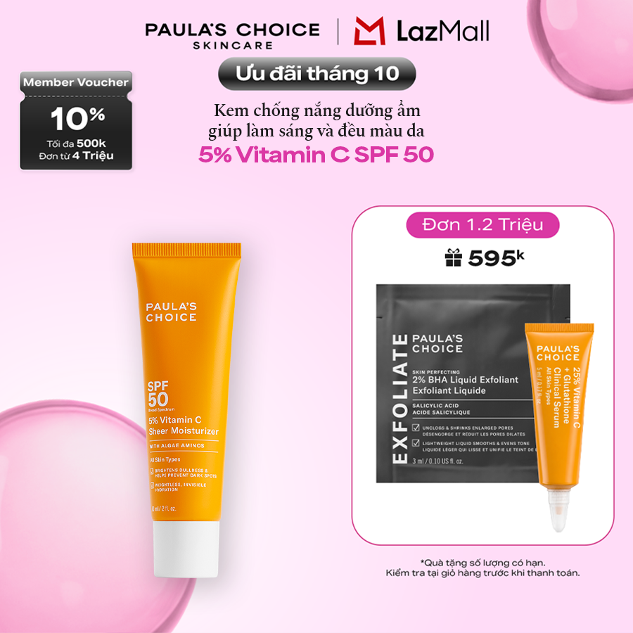 Kem chống nắng dưỡng ẩm giúp làm sáng và đều màu da SPF 50 Paula's Choice 5% Vitamin C 60ml - 1360