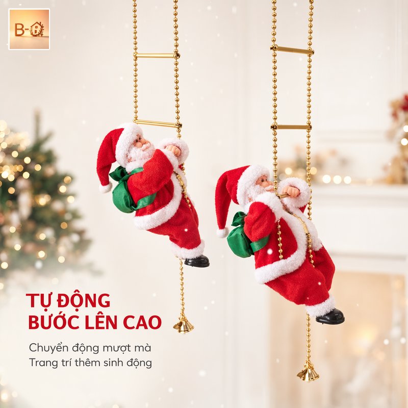 B-HQ Ông già Noel leo dây tự động trang trí Giáng sinh hình Santa Claus treo tường có nhạc đèn quà tặng trẻ em