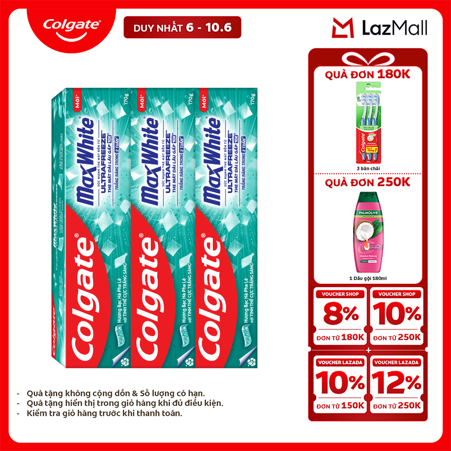 [Chỉ 6-10.6_X2 Voucher giảm 22%] Bộ 3 Kem đánh răng Colgate MaxWhite tinh thể the mát, làm trắng răng trong 2 tuần