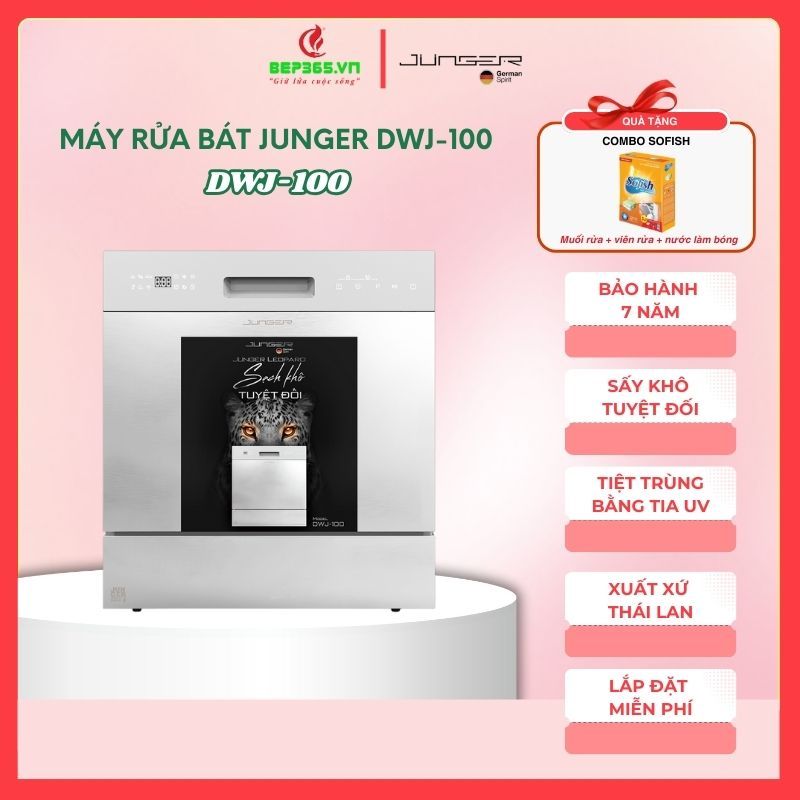 Máy Rửa Bát Junger DWJ-100 – UV Diệt Khuẩn – Dung Tích 10 Bộ – Khoang Mở Rộng 12–13 Bộ – Cảm Ứng LED Hiện Đại – Inverter Tiết Kiệm Điện – Rửa Mạnh Mẽ – Thép Inox 304 – Chính Hãng