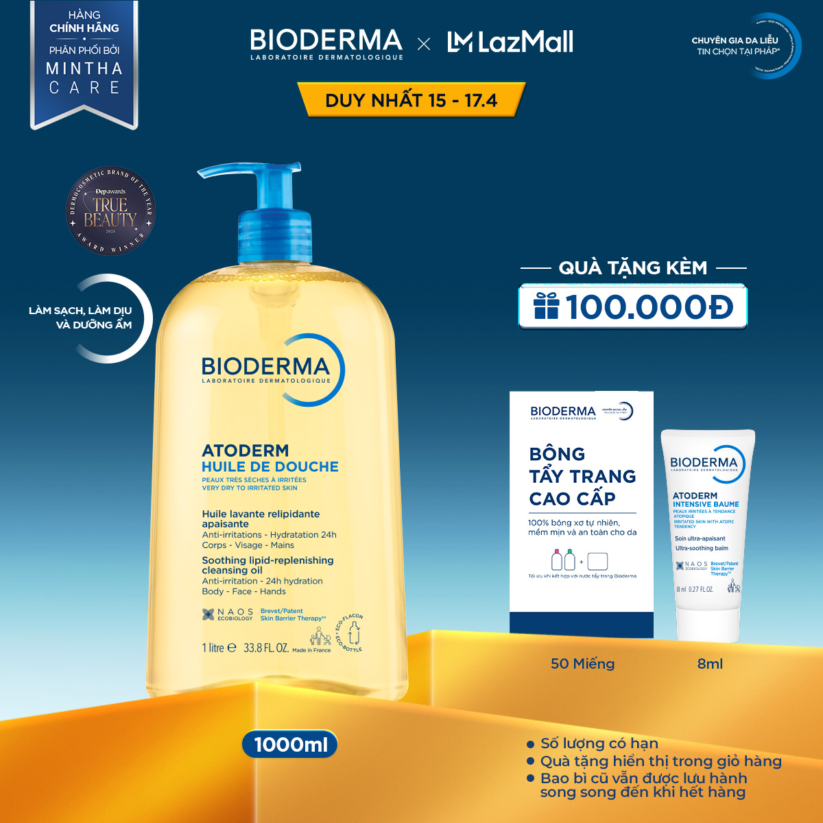 Dầu tắm giúp làm sạch, làm dịu và dưỡng ẩm dành cho da khô, da nhạy cảm Atoderm Huile De Douche 1L