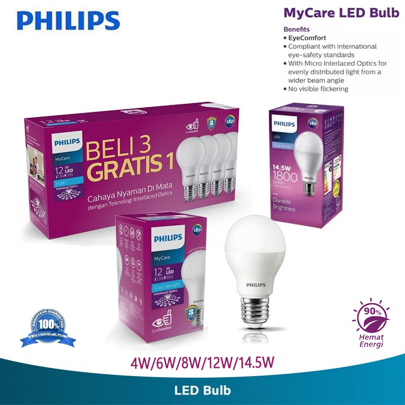 Philips Lampu LED 4W 6W 8W 12W 14.5W Beli 3 GRATIS 1- Multipack Lampu ledrumah Led Bulb 220V 6500K Putih 4Pcs Harga 38,500 rupiah*Gratis Ongkir