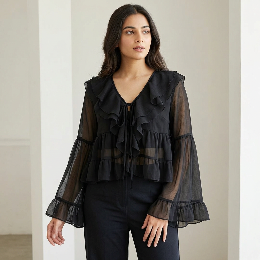 Chiffon Long Sleeve With Open tie neck Blouse Top Shirt For Women's Wear