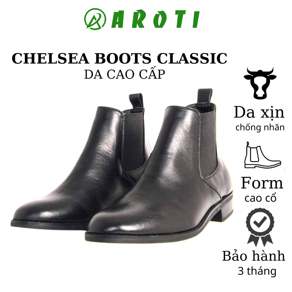 Giày Chelsea Boots Classic AROTI Da cao cấp, đế cao su 3cm CB549 NHÁM CHUN