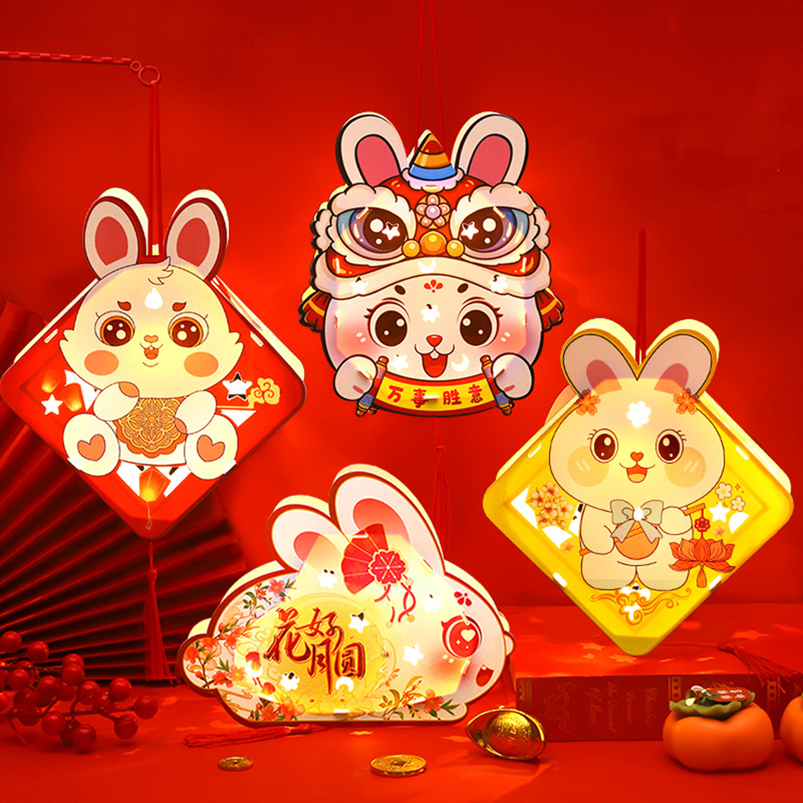 1 Bộ Đèn Lồng Giấy thỏ với tua cực hoạt động bằng pin hai mặt rỗng Tự Làm Thủ công Trung Quốc tết trung thu Lễ hội đèn ban đêm thỏ quà tặng cho bé
