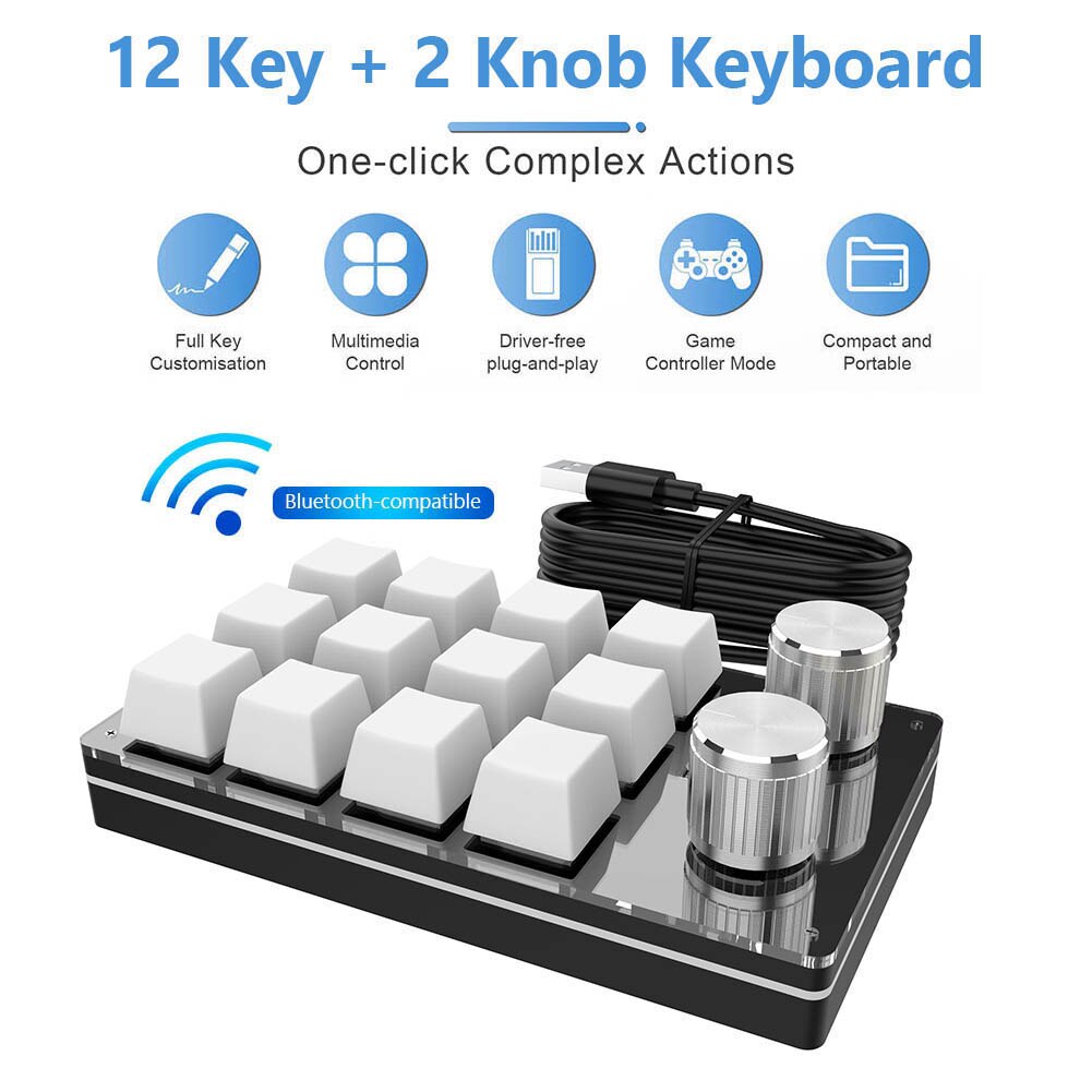 Bàn phím macro tùy chỉnh 12 phím 2 núm USB Bluetooth Bàn Phím Cơ Hotswap lập trình Bàn phím Chơi game mini một tay