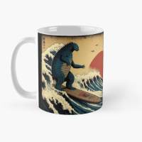Mug Kopi Parodi Lucu Godzilla Surfing The Great Wave karya Hokusai