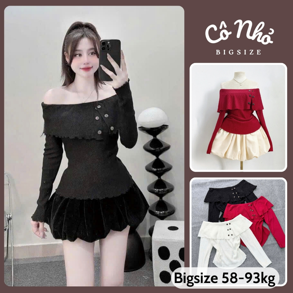 Set Áo Váy Bigsize Nữ Áo Trễ Vai Dài Tay Đính Cúc Điệu Đà Kèm Chân Váy Bí Chuppy 60-95Kg - SET956