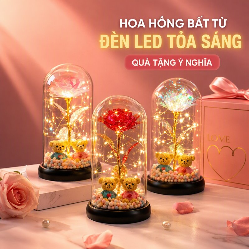 Hoa Hồng Vĩnh Cửu Đèn Led Phủ Vàng Lá Hộp Acrylic Quà Tặng Sinh Nhật Valentine