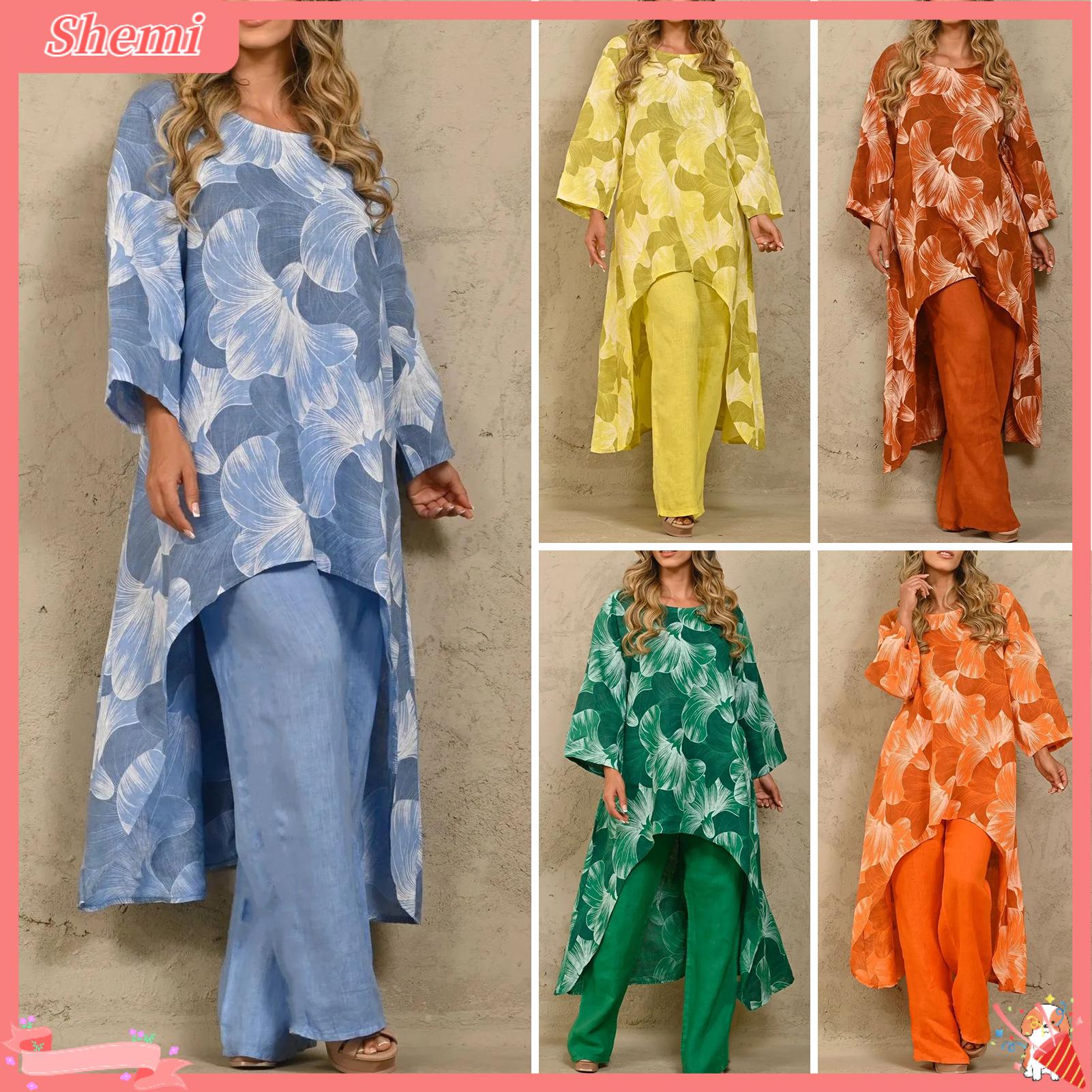 Shemi 2Pcs Phụ Nữ Bộ đồ dài tay in hoa Phụ Nữ Mùa Xuân áo cánh mùa hè thường ngày Quần Áo 2 bộ chi tiết Thời Trang Đường Phố Quần Áo Hàng Đầu Quần Trang Phục