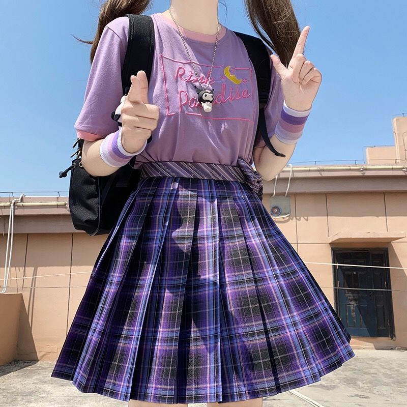 Women Purple Black Y2K Pleated Plaid Skirt Glir High Waist Mini Sexy Skirts Japanese School Harajuku Cosplay Anime Sailor Suit