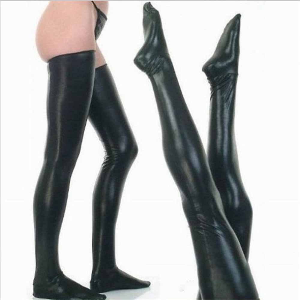 Men's Wet Look Latex Leather Thigh High Footed Stockings Tights Socks Clubwear Socks Exotic Formal Wear Suit Men Sexy High Stock