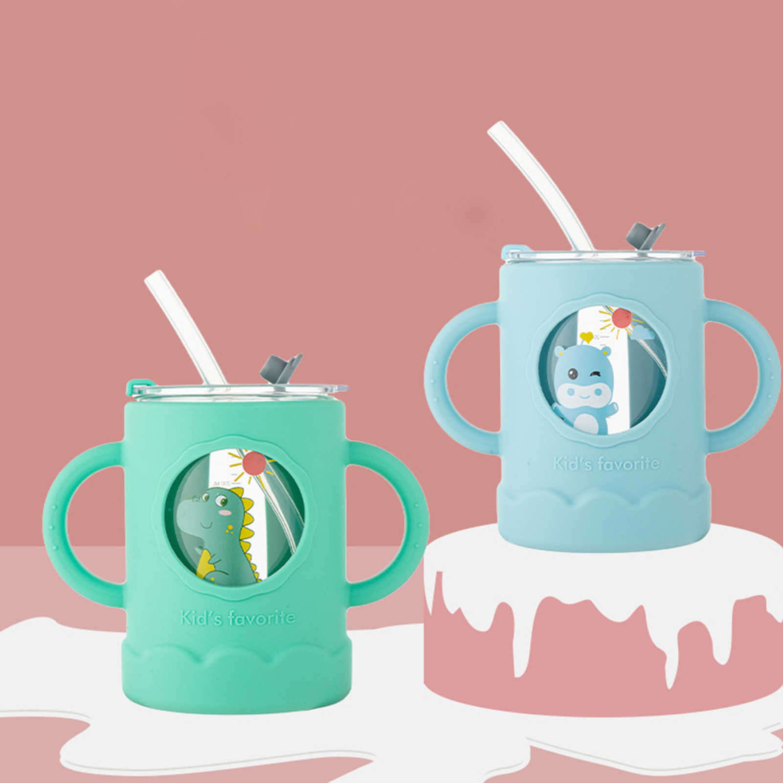 250ml Cốc tập uống đôi xử lý chống bỏng xách tay Cốc ống hút cho bé cho hộ gia đình bình cho bé phim