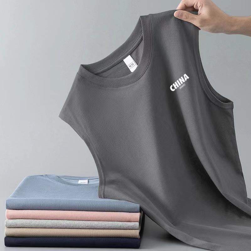 2024 Áo Ghi Lê Crewneck Hàng Đầu Của Nam Giới Thời Trang Không Tay T-Shirt thể dục thể thao Vai Lớn Vest Của Nam Giới Lỏng Đào Tạo Nhanh Chóng Làm Khô