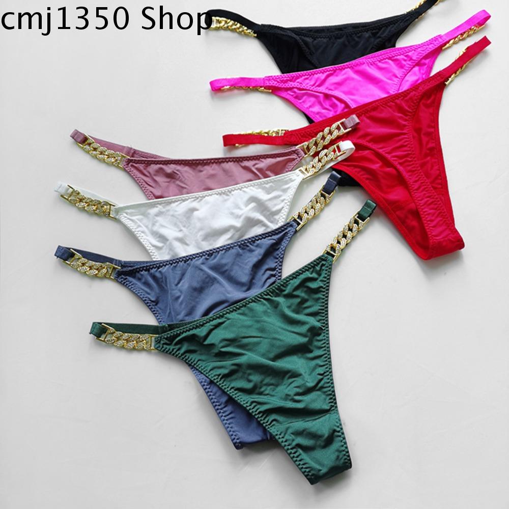 CMJ1350 Quyến rũ Thoải mái Đồ Lót Nâng hông Quần lọt khe cạp trễ Đơn giản Khoét lỗ Quần lót lụa mát cho Nữ Quần lót kim cương dây chuyền kim loại Đồ lót Hàn Quốc