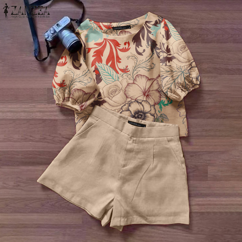 ZANZEA Women's 2pcs Suits Vintage Casual Floral Puff Sleeve Top Front Zipper A-Line Shorts Loose Sets #2 ราคา 344 บาท*ส่งฟรี