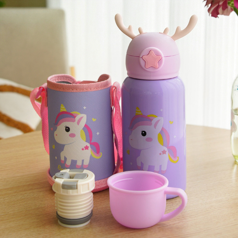 600ML Cute Kid Tumbler With Straw For Kids Kids Vacuum Cup 316 stainless steel kids thermos Cartoon Deer Antler Kids Insulated Water Bottle Insulated Vacuum Hot And Cold For School Students Boy Girl Thermos Cup
