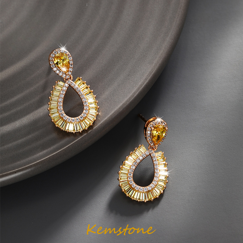 Kemstone Elegant Gold Plated Shiny Yellow Pink Crystal Cubic Zircon Teardrop Drop Earrings for Women Jewelry Gift ราคา 293 บาท*ส่งฟรี