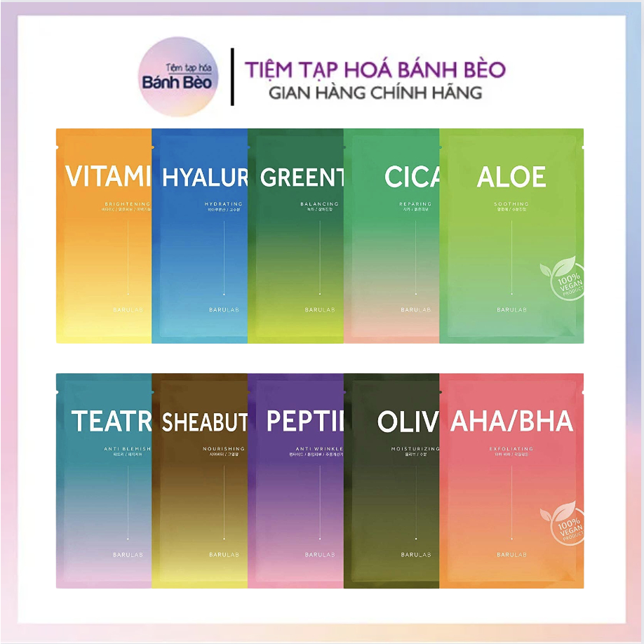 Mặt nạ thuần chay BARULAB The Clean Vegan Mask Vitamin C/ AHA/BHA/ Peptide/ Cica/ Tea tree/ Hyaluronic/ Aloe/ Olive 23g
