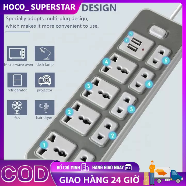 Ổ Cắm Điện USB Đa Năng Cao Cấp Chống Giật Dây Dài 1.8m, 2 Cổng Cắm USB, 4 Giắc Cắm Điện Có Chốt An Toàn Tiện Dụng
