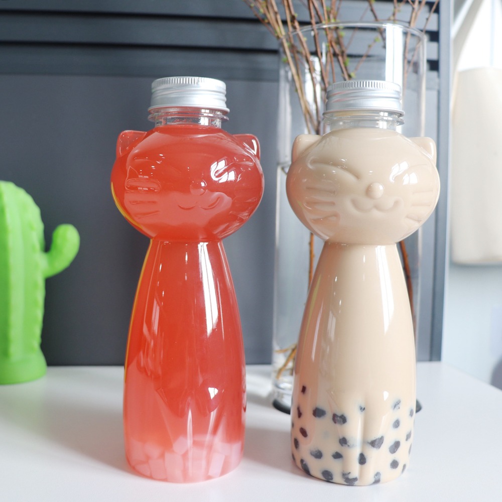 KEQI PET Juice Bottles Transparent Cat Shaped Water Bottles Cartoon With