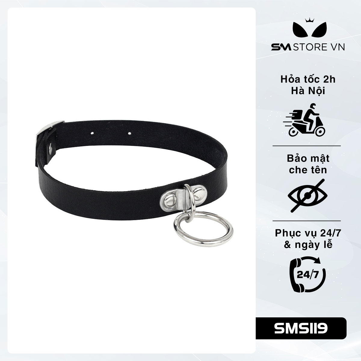 SMP119 - Vòng cổ choker da PU gắn vòng tròn kim loại 3 nấc cài