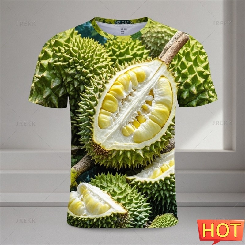 Shirts with 3D Durian Prints, Summer, Thailand. Shirts with Tropical Durian Images, Long and Short, Fun Styles for Children, Shirts and Clothing.
